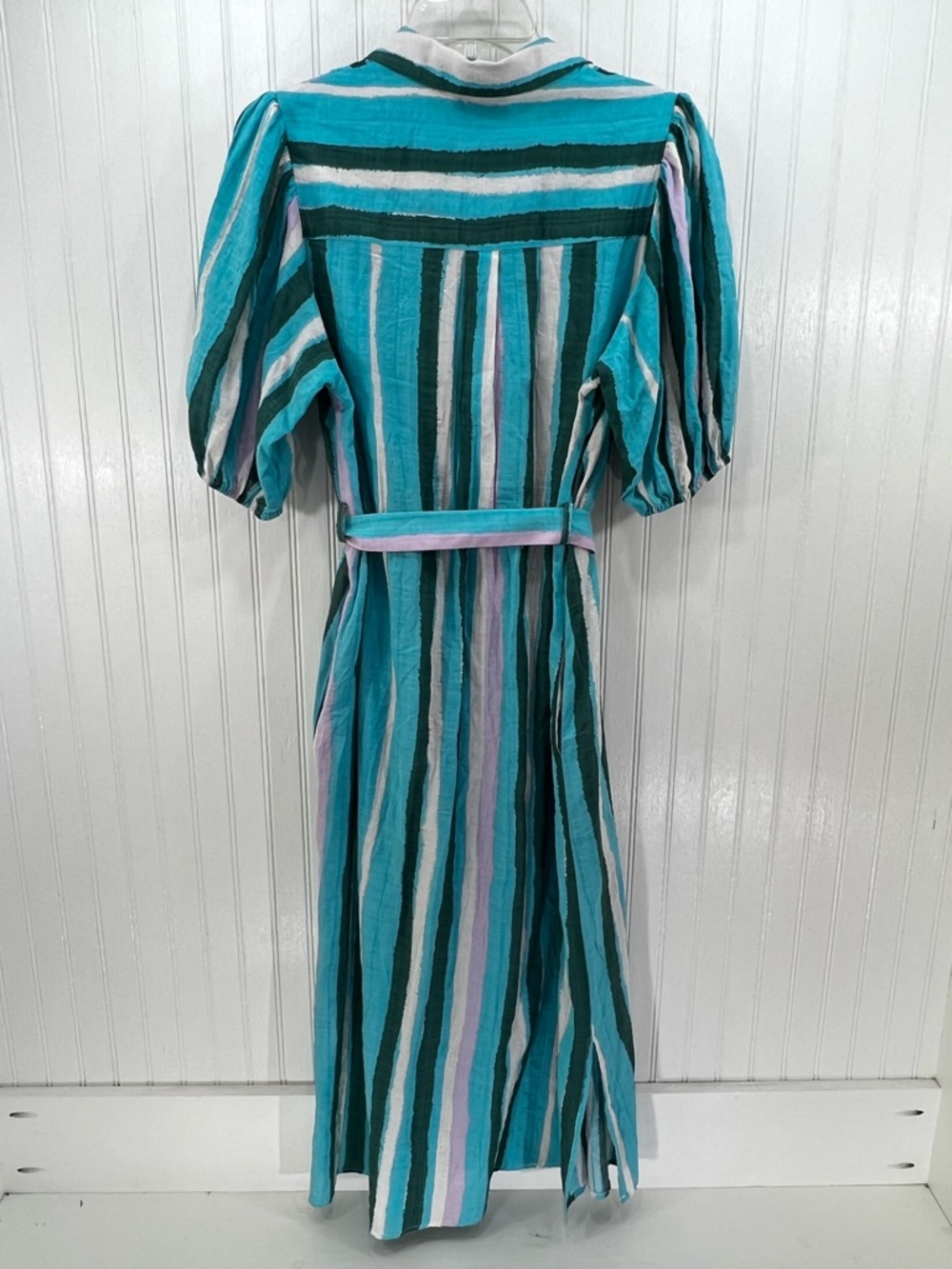 FRNCH Paris Striped Belted Maxi Midi Shirt Dress Puff Sleeve M - Picture 2 of 11